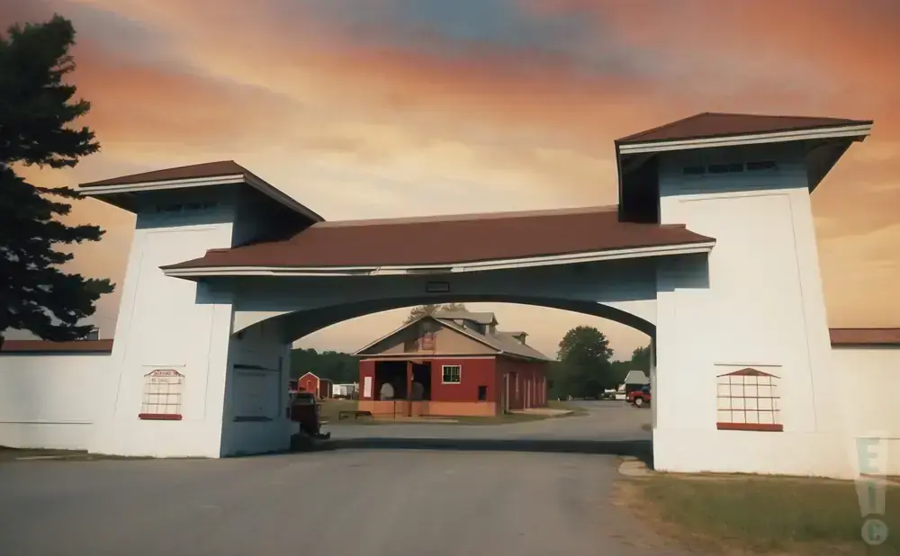 A white archway with a brown roof frames a red barn and trees under a colorful sky.