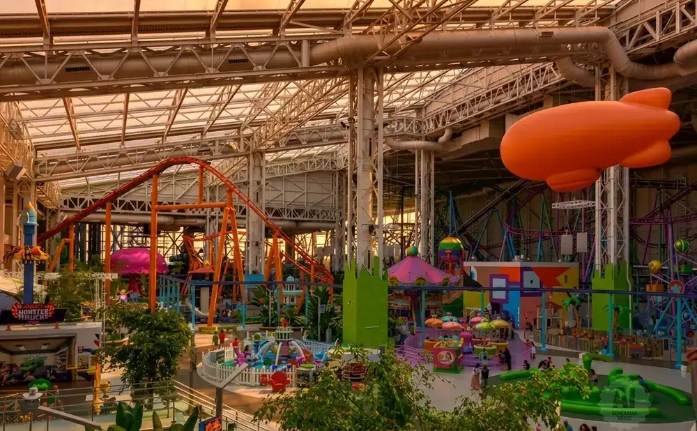 An indoor amusement park with a roller coaster, rides, and a large orange blimp.