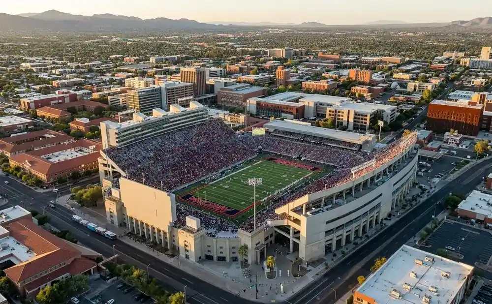 Aerial view of a crowded football stadium filled with spectators, surrounded by city buildings and mountains in the distance.