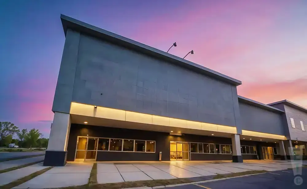 A modern building with a sloped roof and large windows, illuminated by exterior lights against a colorful sunset sky.
