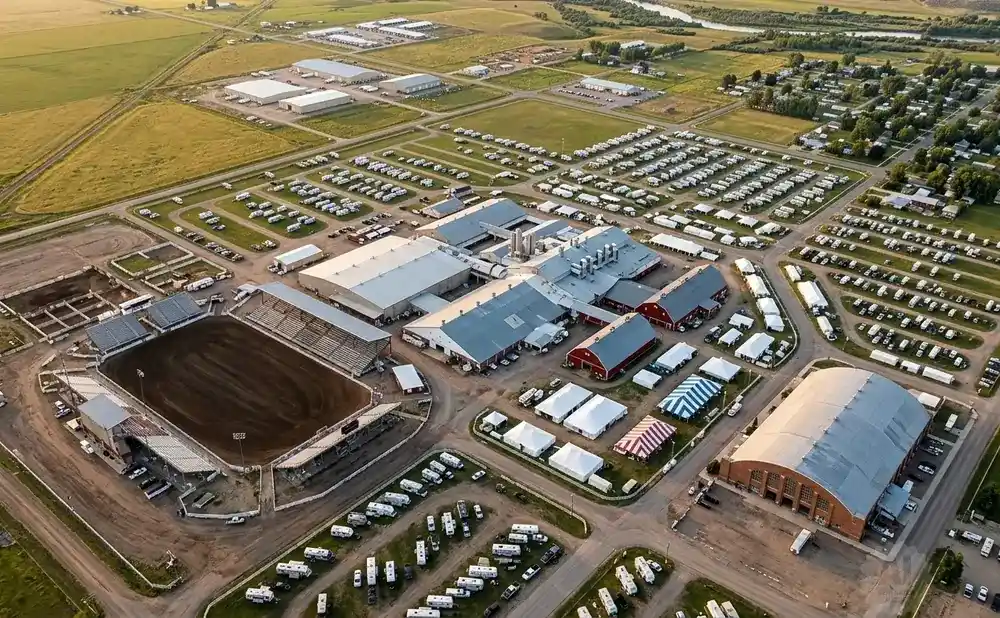 Aerial view of an outdoor event venue with RVs, tents, buildings, and a rodeo arena.