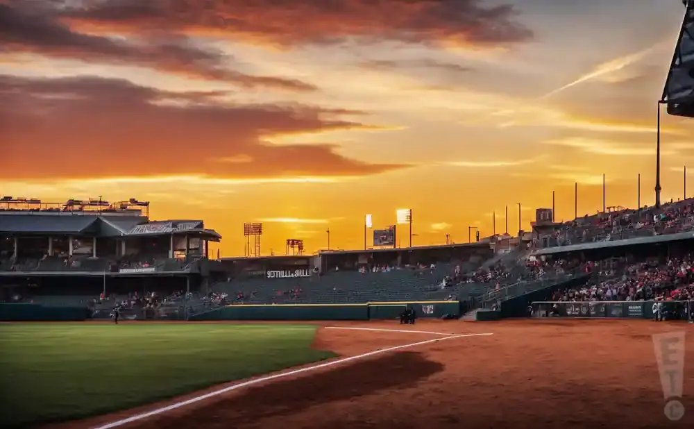 Baseball stadium during a vibrant sunset with orange and yellow clouds.