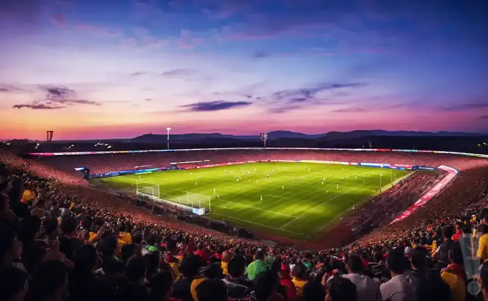 A soccer game unfolds in a stadium at sunset, with a vibrant purple and orange sky above.