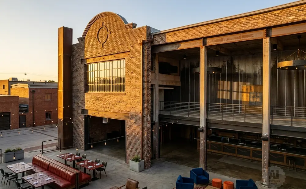 An outdoor patio with tables and seating is adjacent to a modern brick building with large windows and industrial-style beams.