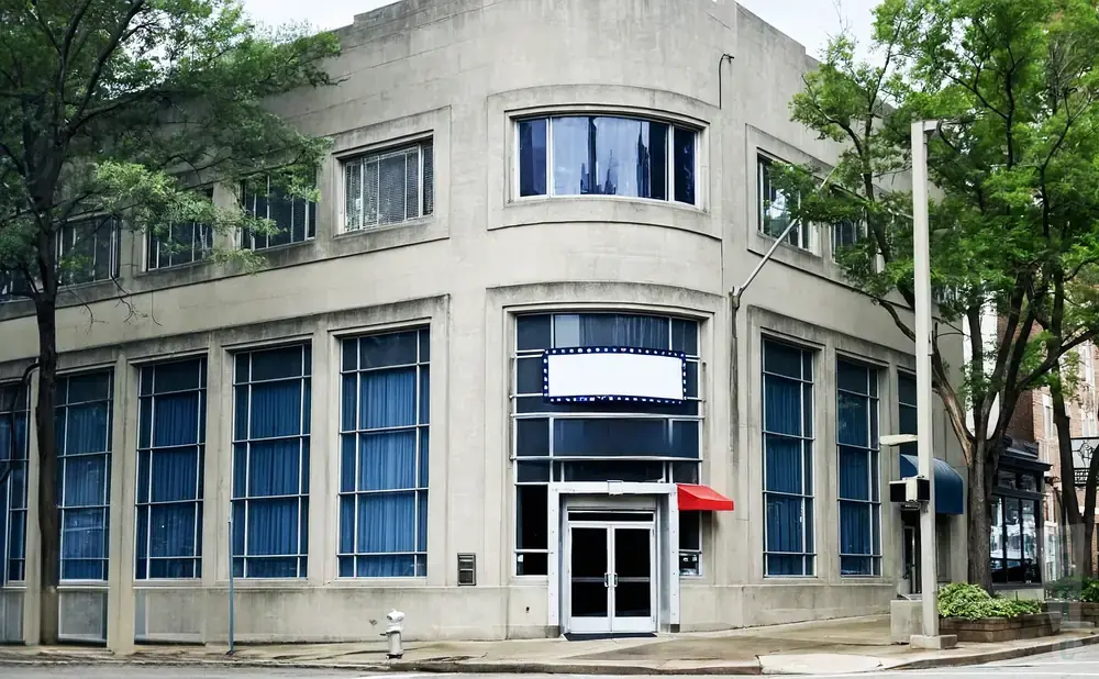 Corner building with large windows and blue curtains, a white banner, and a red awning over the entrance.