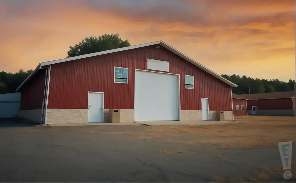A red barn with a large white garage door and two smaller doors, set against a colorful sunset sky.