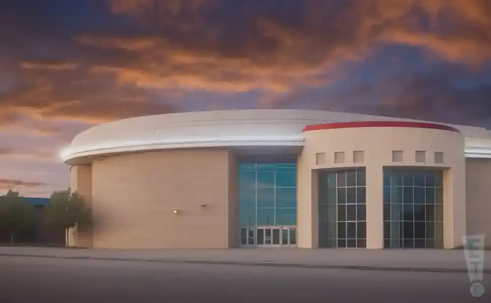 A large, rounded building with tan brick and a white roof, under a dramatic, cloudy sky.