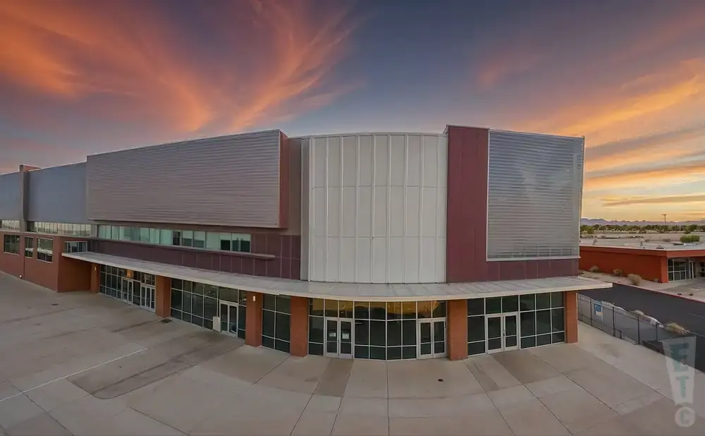 Aerial view of a modern commercial building with a curved glass storefront and metal siding, under a colorful sunset sky.