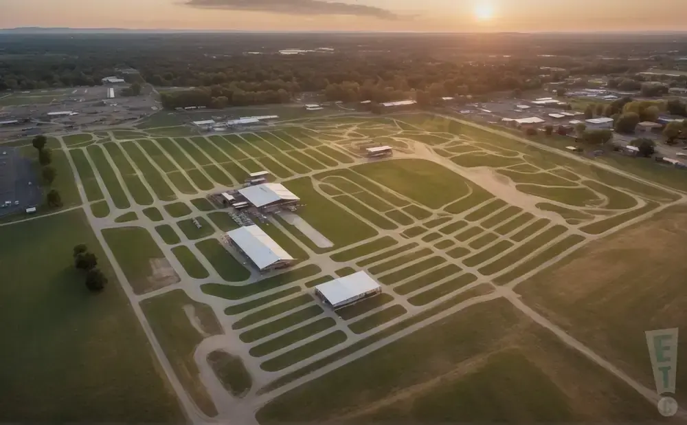 Aerial view of a large outdoor event space with rows of tents and buildings at sunset.