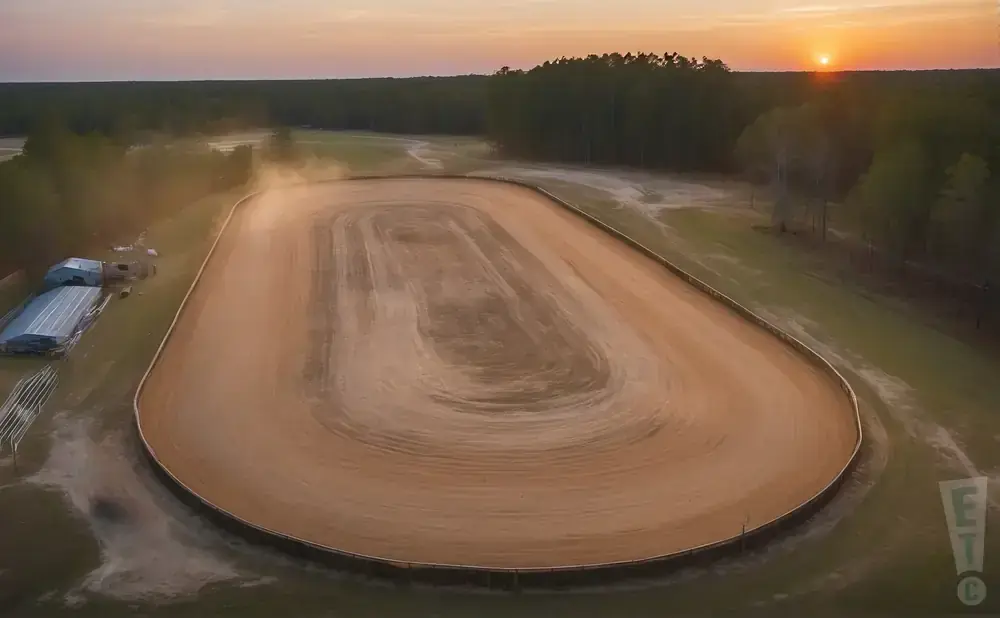 Aerial view of a dirt race track at sunset with trees in the background.