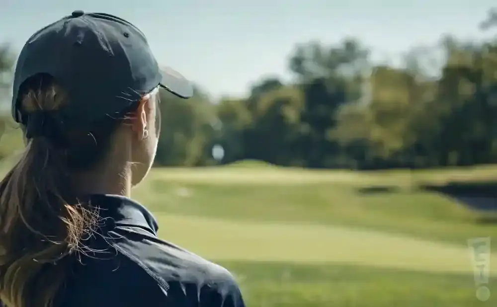 Woman in a baseball cap and athletic shirt looking out at a golf course.