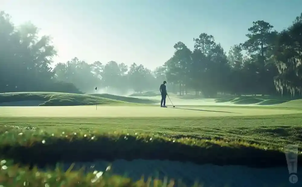 Golfer tees off on a misty, sunlit golf course with trees in the background.
