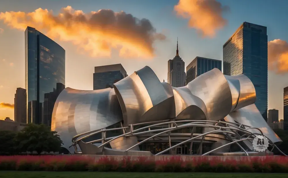 A futuristic silver building with wavy metallic curves stands in a park at sunset, with skyscrapers behind it.