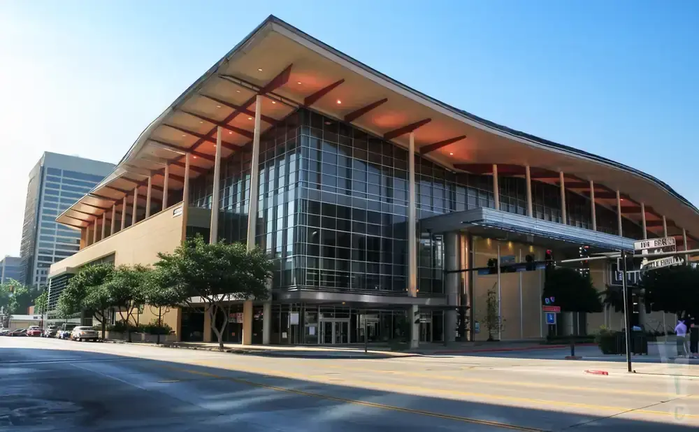 Modern convention center with glass facade and curved roof, under a clear blue sky.