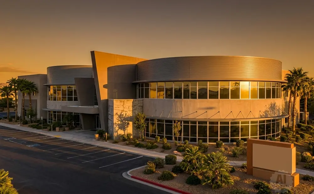 Modern office building with curved glass windows and palm trees at sunset.