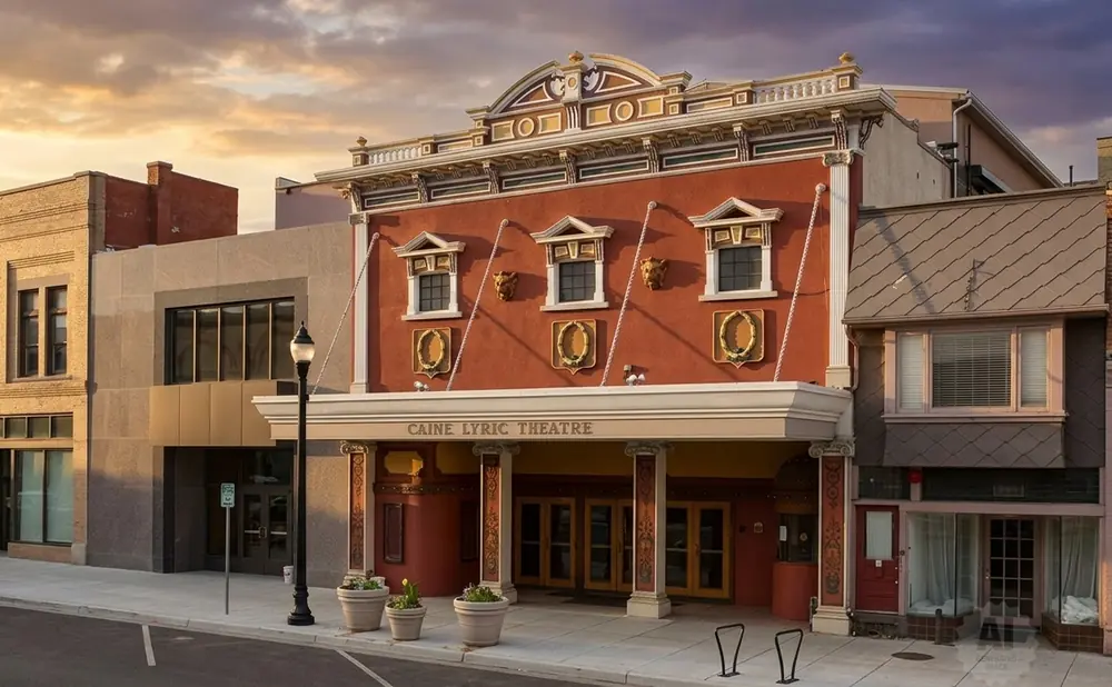 Exterior of Caine Lyric Theatre with ornate facade, flanked by historic buildings under a dramatic sunset sky.
