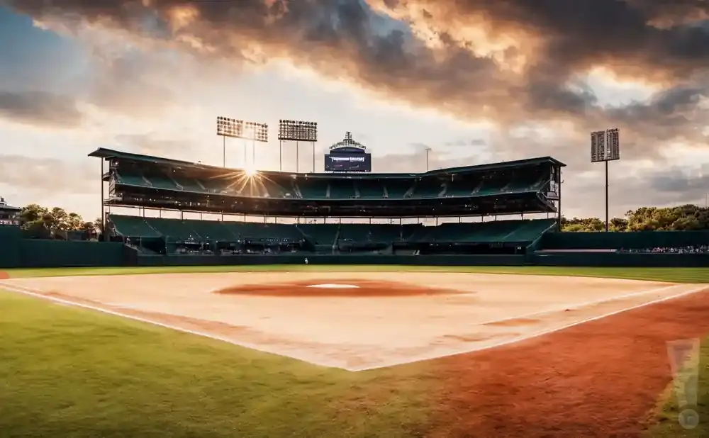 Sunlight streams through stadium lights onto an empty baseball field at dusk.