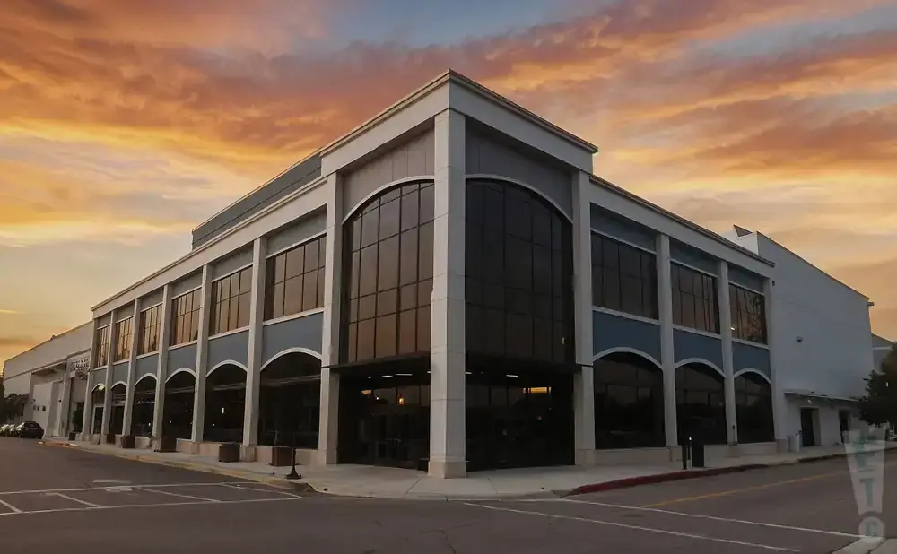 A modern building with large windows and arched entries sits under a dramatic orange sunset.