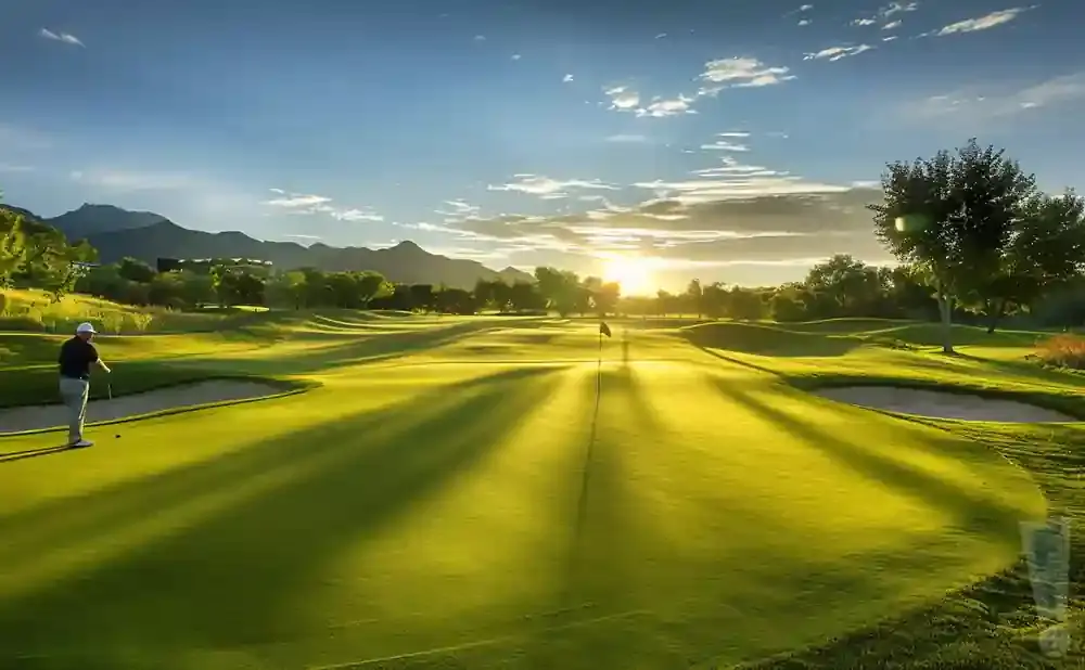 Golfer on a sunlit golf course with mountains in the background.