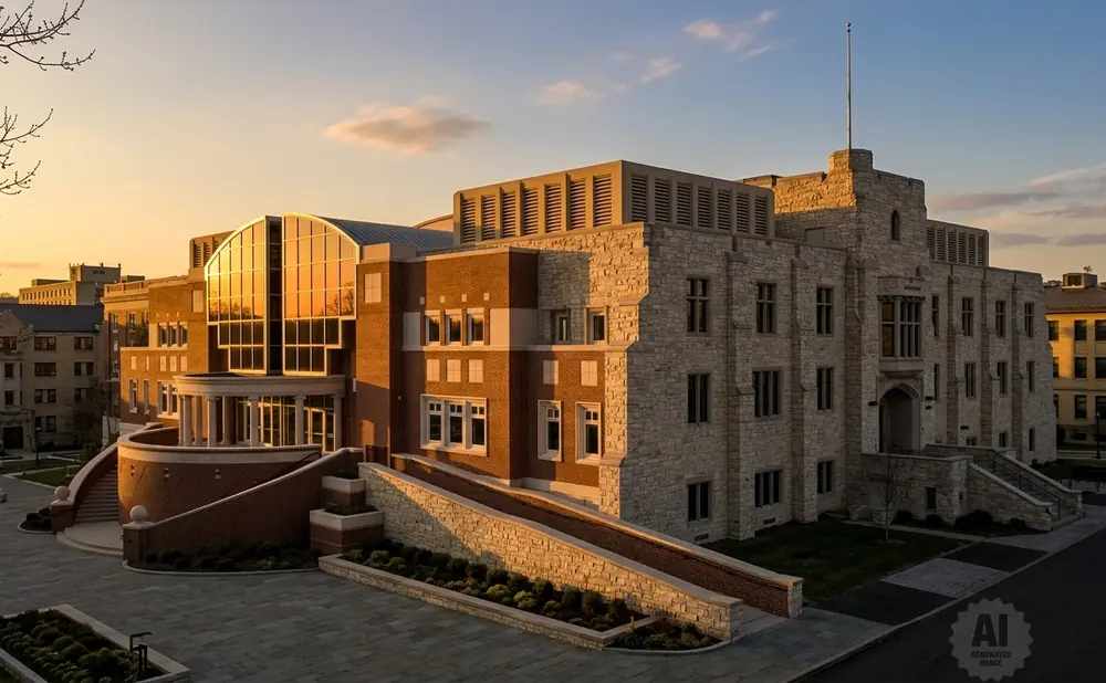 A modern brick and stone building with a curved glass entrance, bathed in warm sunset light.