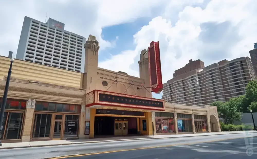 A wide shot of an old movie theater with a marquee and a tall neon sign.