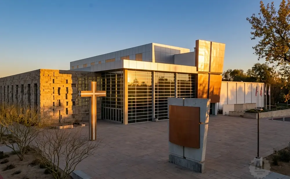 A modern church building with stone walls, glass windows, and a large cross, bathed in warm sunset light.