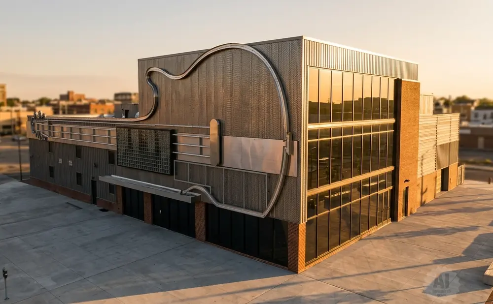 A modern building shaped like a guitar, with a metal facade and glass windows, at sunset.