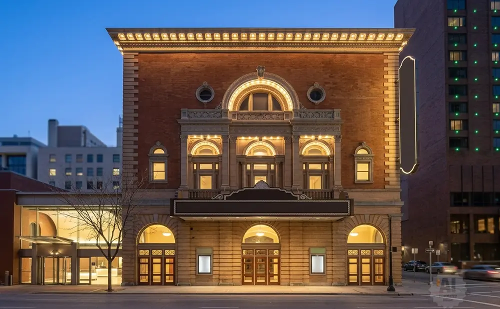 Ornate brick theater with arched windows and doors, lit up at dusk, next to a modern high-rise.