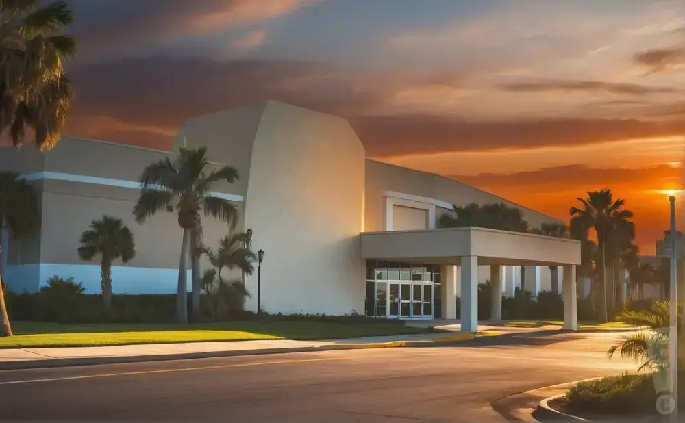 A building with palm trees and a dramatic sunset sky.