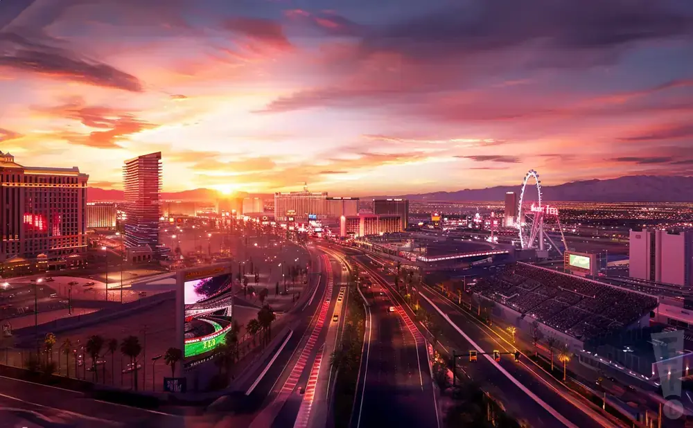 A vibrant sunset over Las Vegas with the High Roller Ferris wheel lit up.