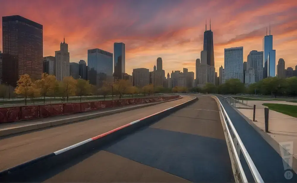 A curving road leads to the Chicago skyline under a vibrant orange and pink sunset.