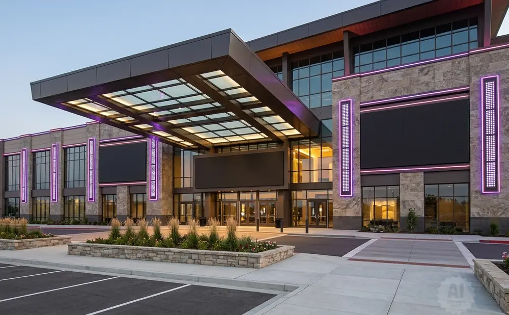 Modern building with large screens and purple lights on a stone facade.