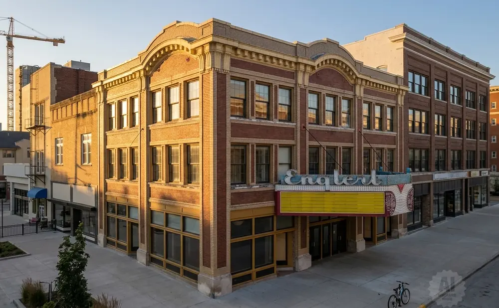 Corner view of an old brick theater with a marquee and yellow sign.