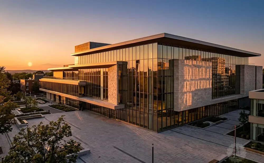 A modern glass and stone building reflects the sunset.