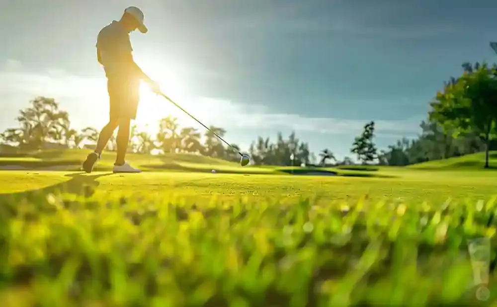 A golfer swings a club towards a ball on a sunny golf course.