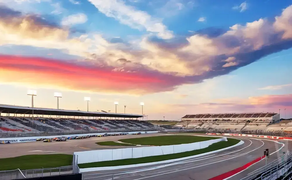 Sunset over a racetrack with grandstands full of spectators and cars lined up.