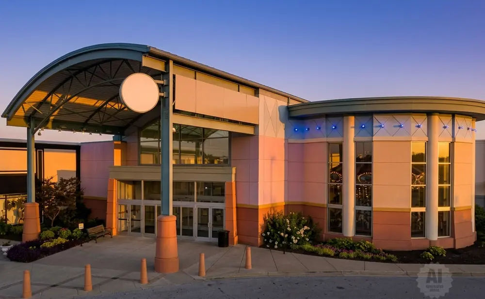 A shopping center entrance at sunset, with a curved awning and brightly lit windows.