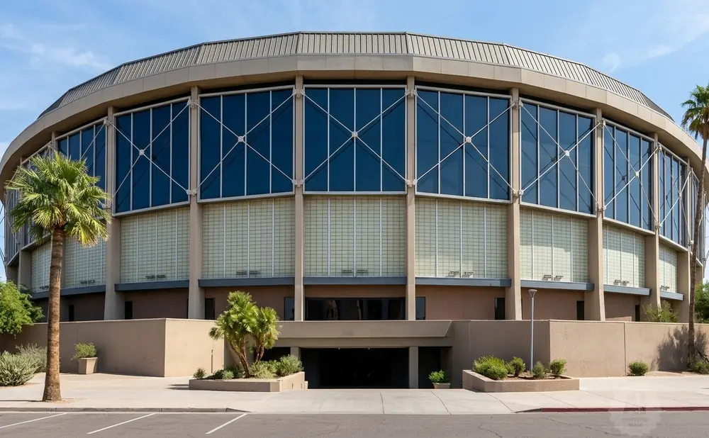 A large, circular building with large windows and a palm tree in front.