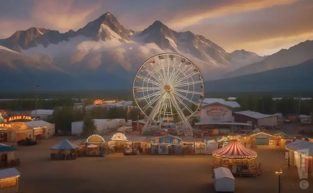 An amusement park with a Ferris wheel is set against a backdrop of snow-capped mountains at sunset.