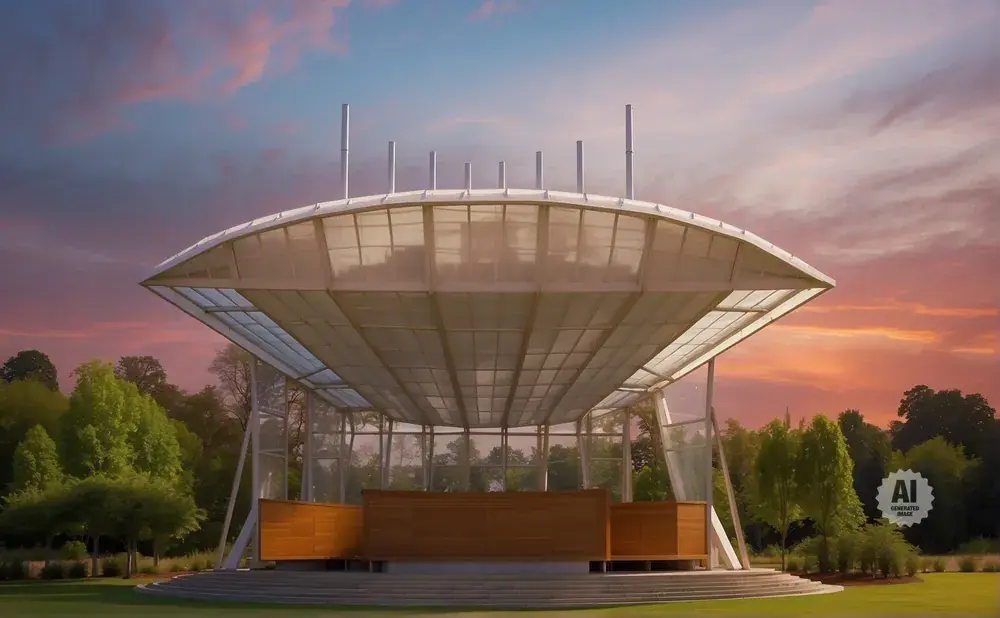 Outdoor stage with a translucent canopy, surrounded by trees, under a colorful sunset sky.