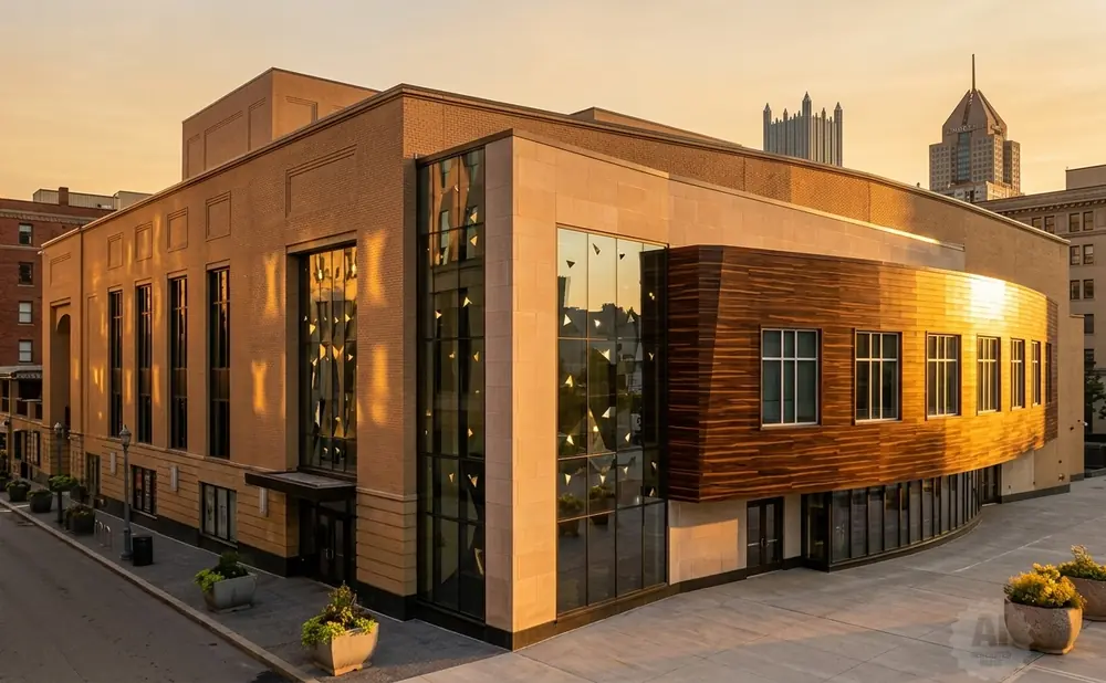 Modern building with brick and wood accents, featuring large windows reflecting a warm sunset.