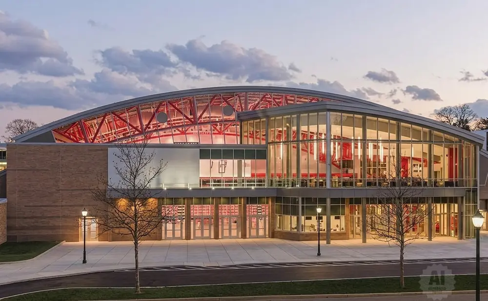 Modern building with a large, arched, glass roof revealing red support beams.