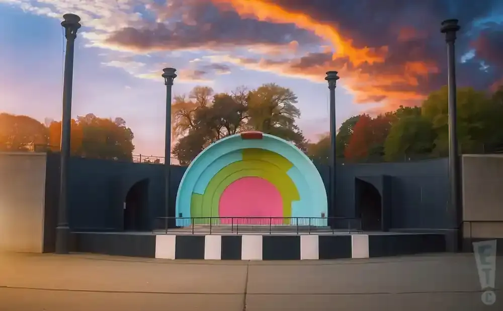 Outdoor amphitheater with a colorful, arched backdrop and dramatic sunset sky.