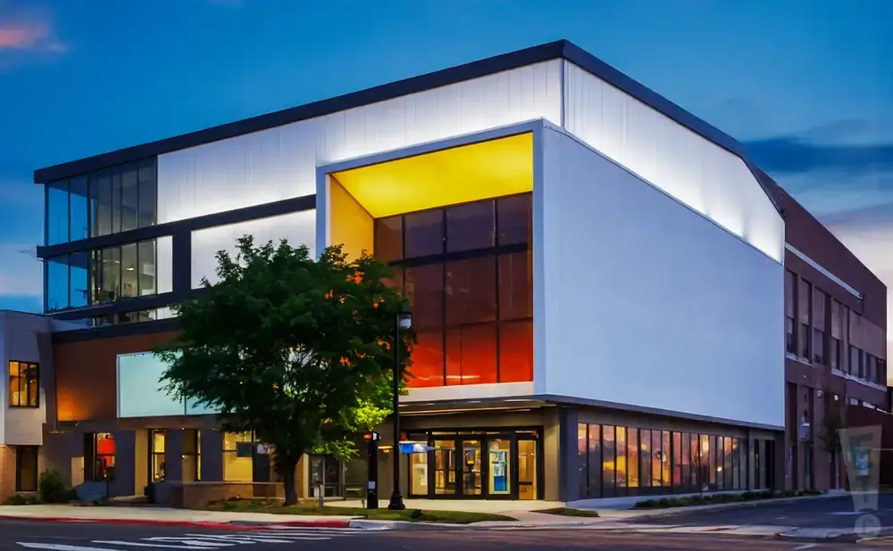 Modern building with glass facade, lit-up upper floors, and tree in front at dusk.
