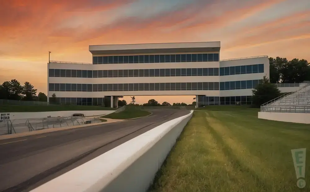 A modern white building with many windows spans across a race track under a dramatic sunset sky.