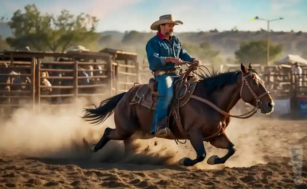 Cowboy on a horse kicking up dust in a rodeo arena.