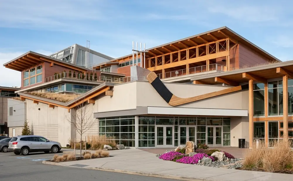 Modern building with a large wooden hockey stick sculpture on the facade and green roofs.