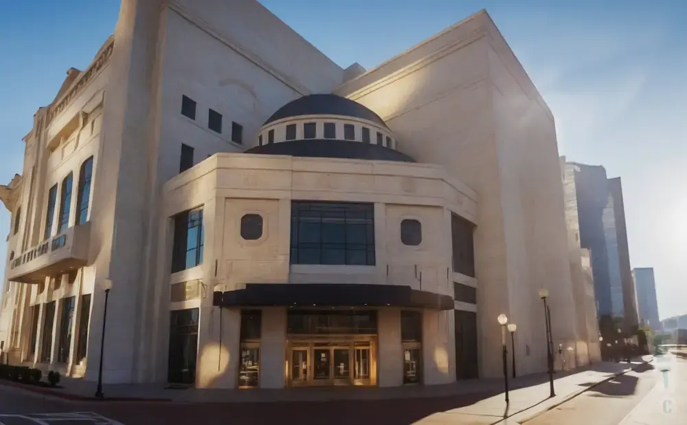 A large, beige building with a dome and arched windows under a clear blue sky.
