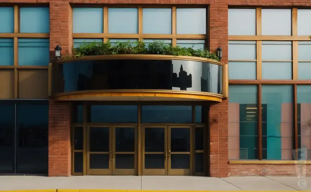 Modern brick building with a curved balcony, large windows, and double glass doors.