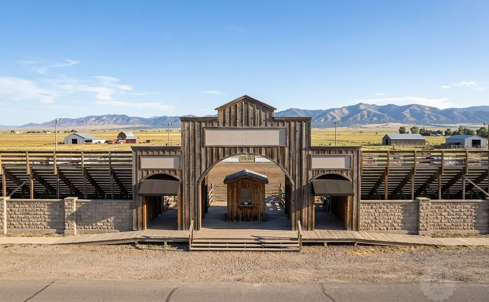 Wooden rodeo entrance with bleachers and mountains in the background.
